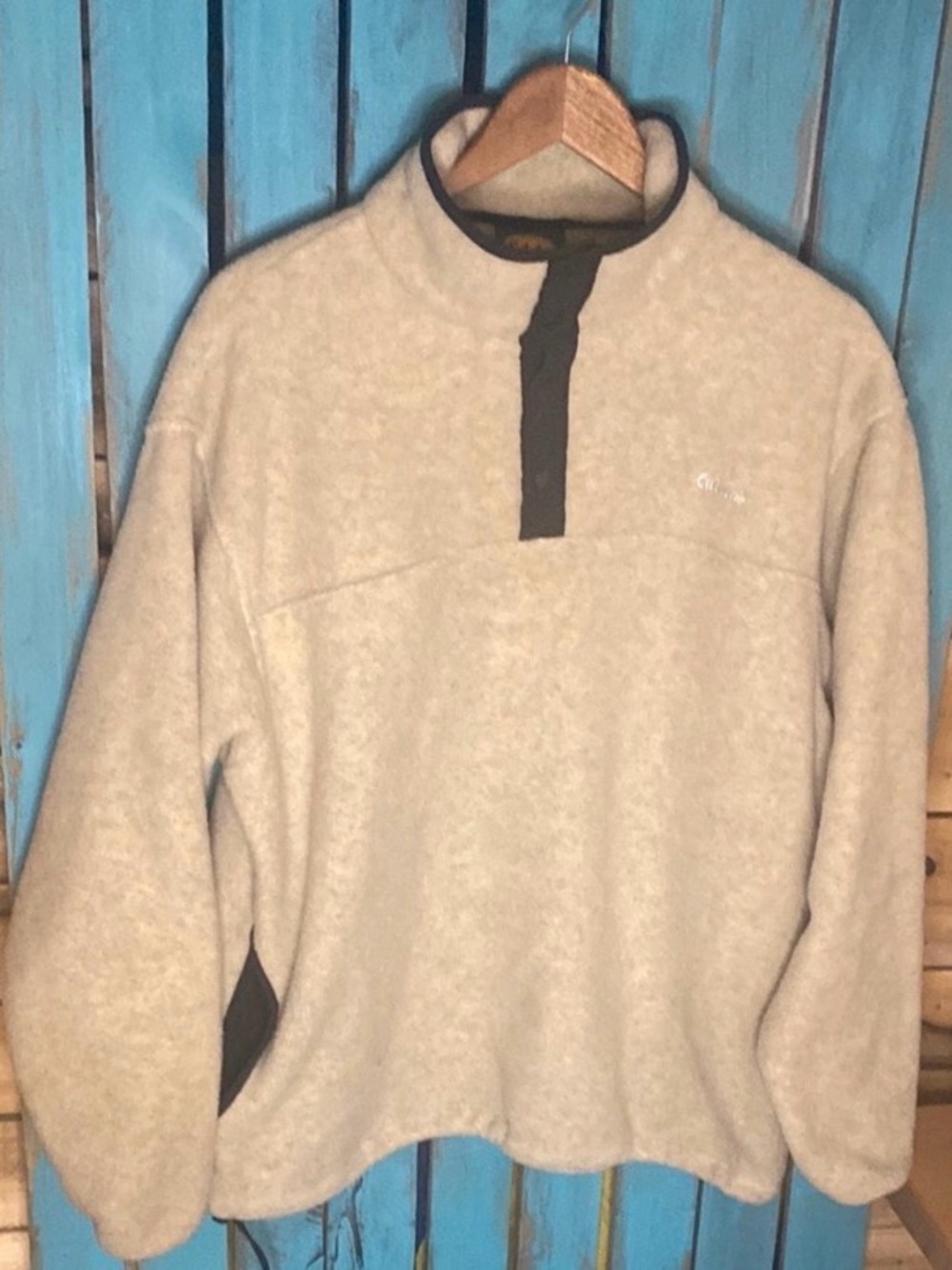 Cabela's partial button pullover Fleece Jacket large cream black polyester USA